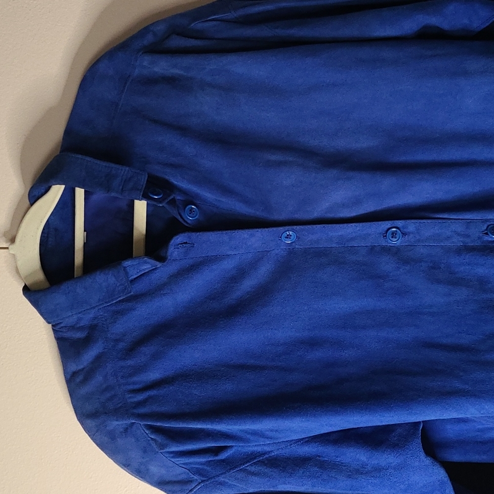 Women's Blue Suede Button Down Shirt